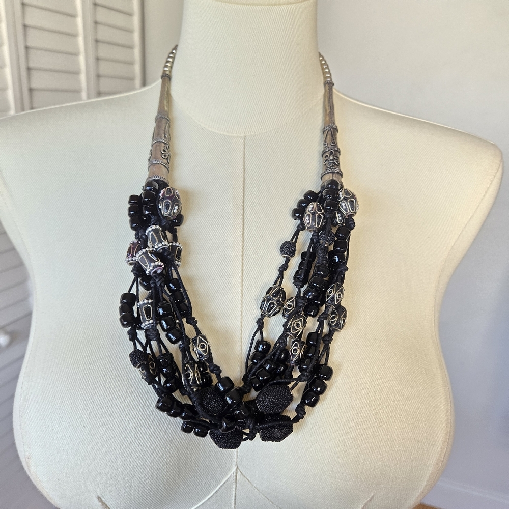 Black Beaded Multi Layer Statement Necklace Women… - image 1
